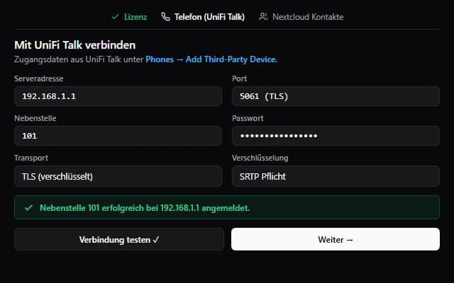 Softphone Einrichtungsassistent: Zugangsdaten eintragen und Verbindung testen