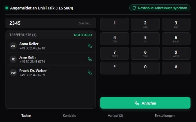 Softphone einsatzbereit: Angemeldet an UniFi Talk mit Nextcloud-Adressbuch